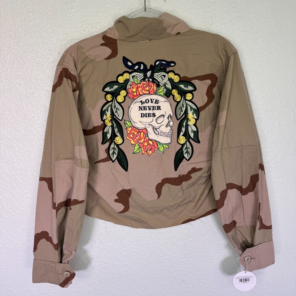 Vintage Camo Jacket Womens Small Cropped Upcycled Skull Floral Patch Custom